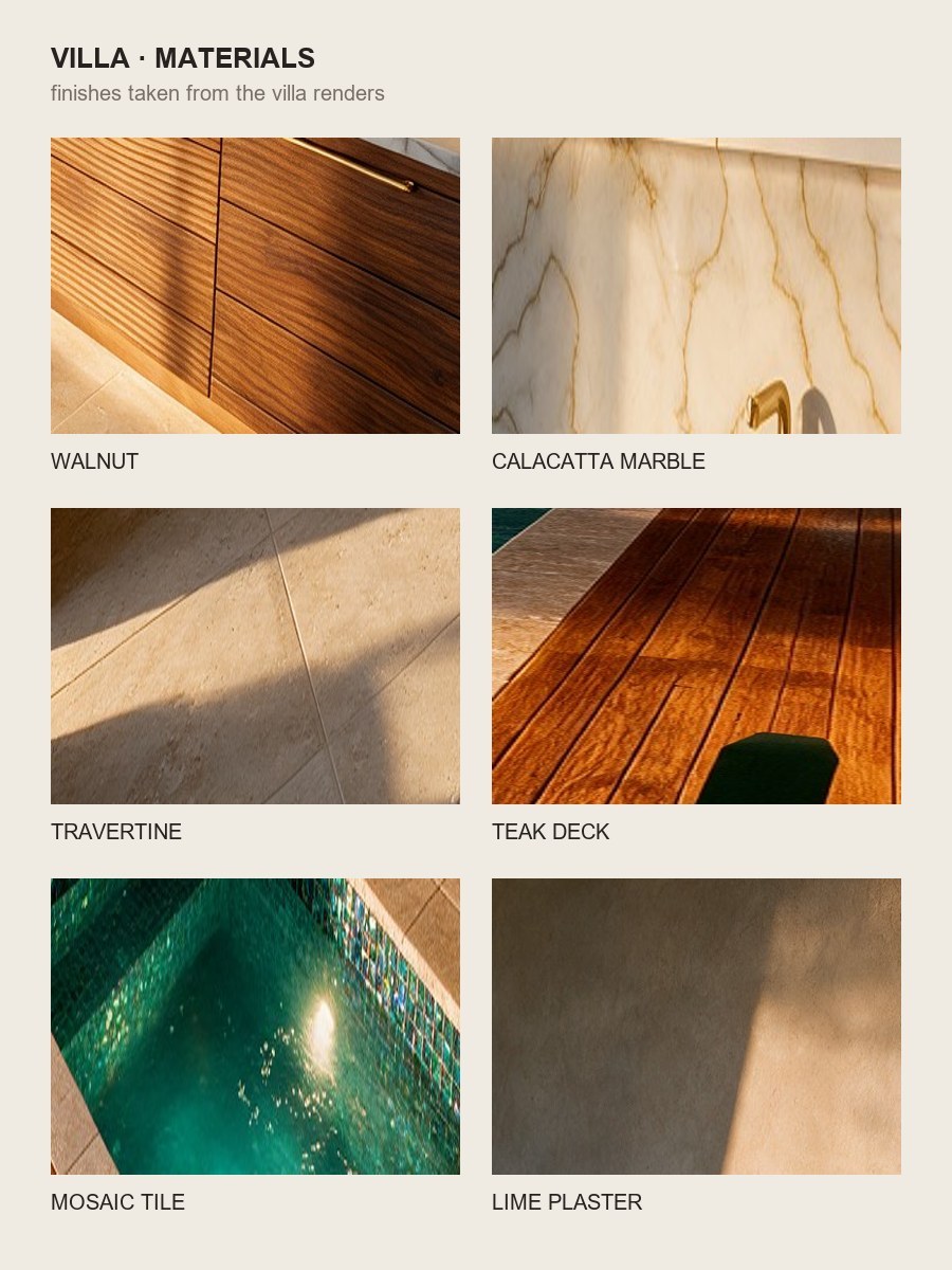 Villa material board: walnut, Calacatta marble, travertine, teak, mosaic tile, lime plaster