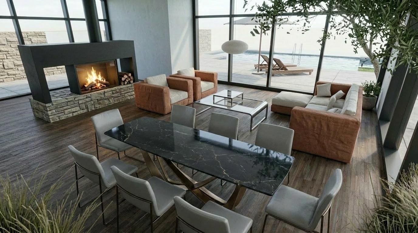 Living room render with tan leather sofas