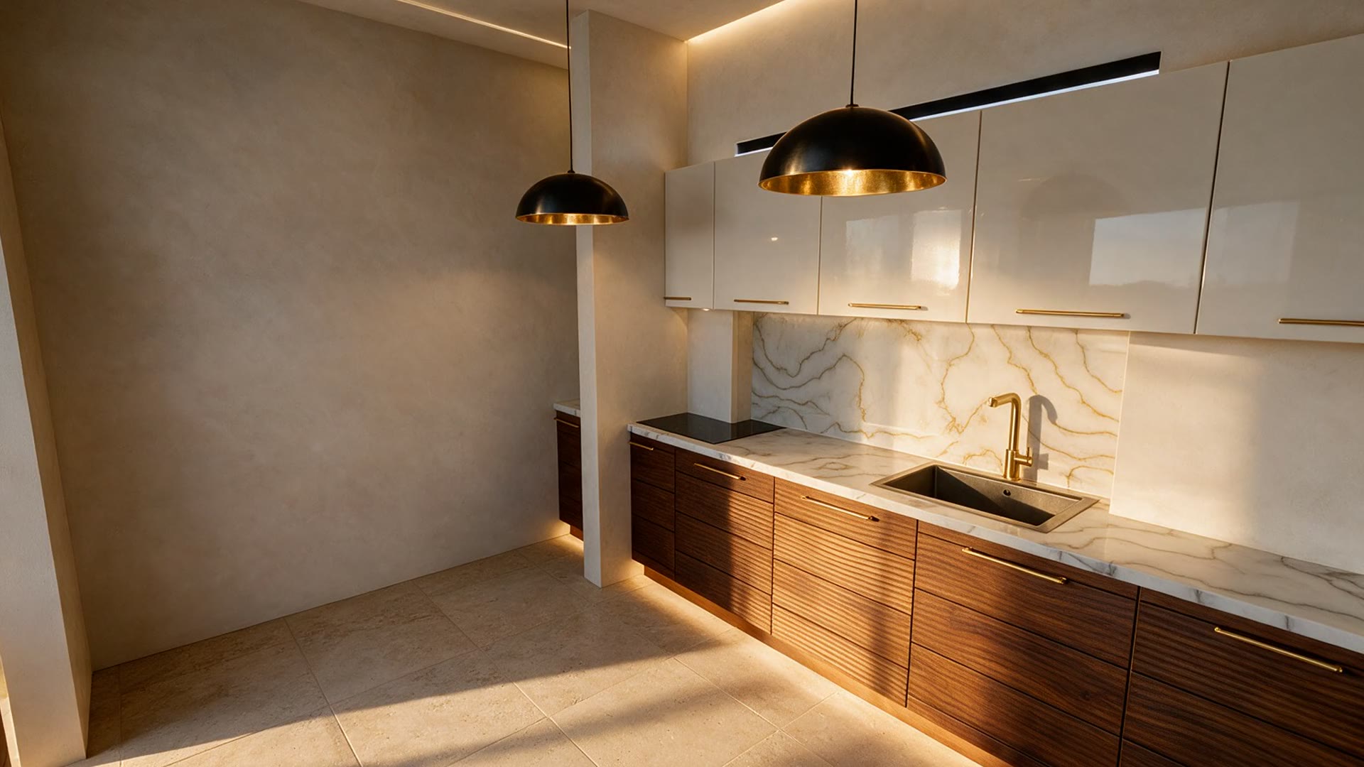 Villa kitchen in walnut and marble