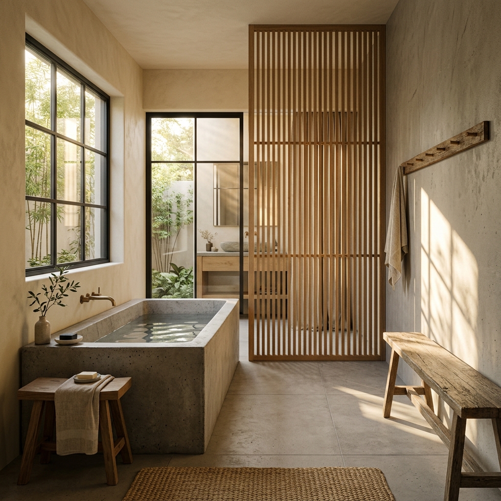 Japandi bathroom interior render