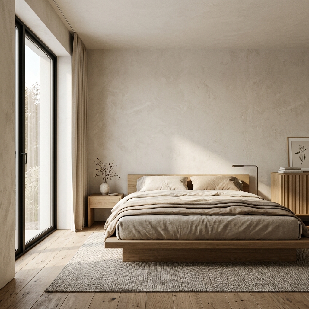 Japandi bedroom interior render